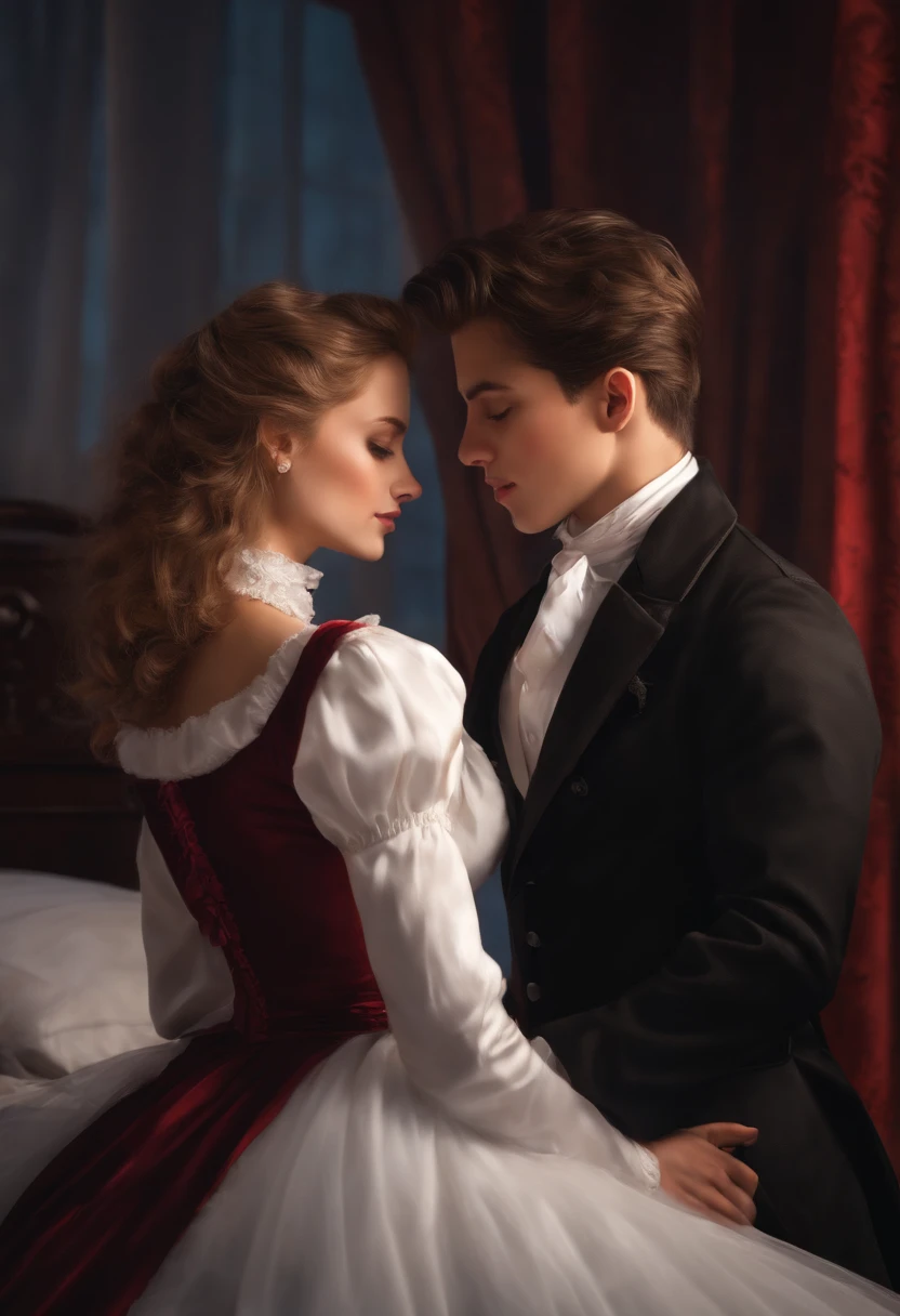 boy and girl loving each other, about to kiss, realistic, maid white and black coat, bed, hot