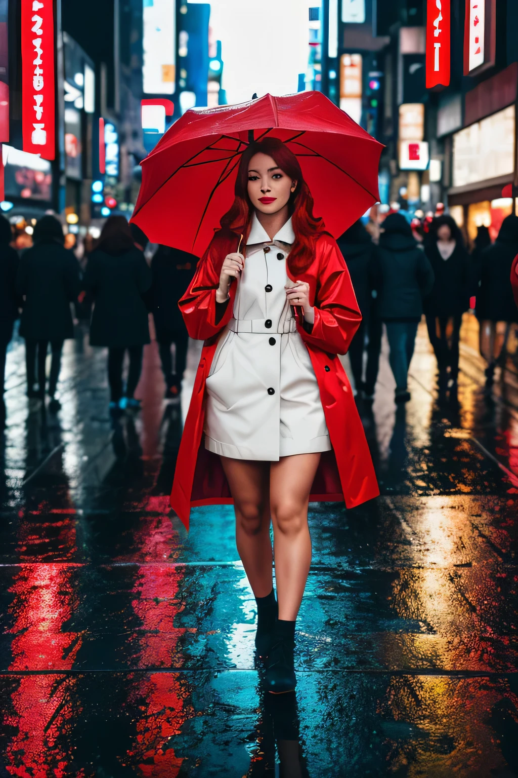 8k photo portrait of a redhead woman in a red raincoat, at a bustling crosswalk in shibuya at night, Highly Detailed, Vibrant, Production Cinematic, reflections on wet street, 8k, film grain