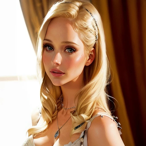 Blonde woman with necklace and necklace around her neck, hot, Gwen Stacy, Sarah Michelle Gellar, Vesper Lynd from Casino Royale, promo more, Alex Rees, promo shot, Emma, Kristen Bell, advertising frame, medium close up, incredibly beautiful, She's blonde, leaked image, jewel, Jessica Chastain, Blair Armitage