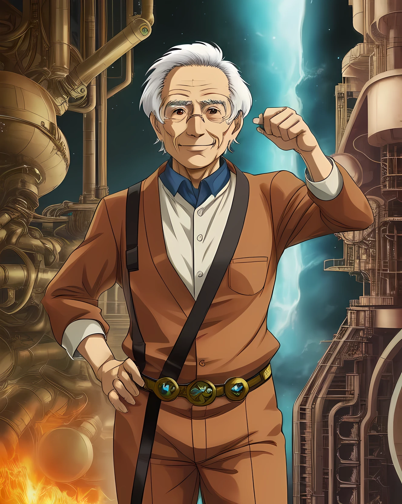 Anime style, old man, cosmobiologist engineer, creator of great inventions, scientist, tired eyes, weak smile, brown eyes, wrinkles