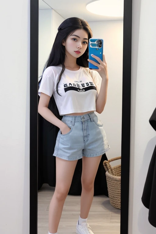 girl, blushing, shy, tight jeans shorts, big , white seethrought top, sitting,asians, Backwards,
