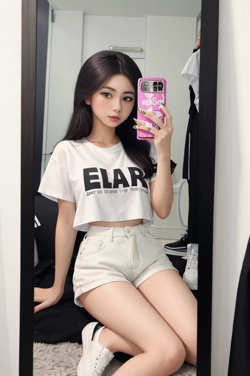 a European beautiful young woman in a white shirt and shorts taking a selfie in a mirror with her cell phone and wearing white shoes, Elina Karimova, sakimi chan, a picture, private press