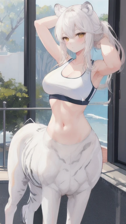 (best quality, masterpiece), 1 girl, centaur, It takes, sports bra, 아름다운 소녀 perfect white tiger photo, perfect white tiger photo