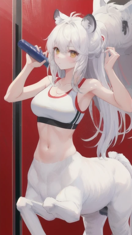 (best quality, masterpiece), 1 girl, centaur, It takes, sports bra, 아름다운 소녀 perfect white tiger photo, perfect white tiger photo