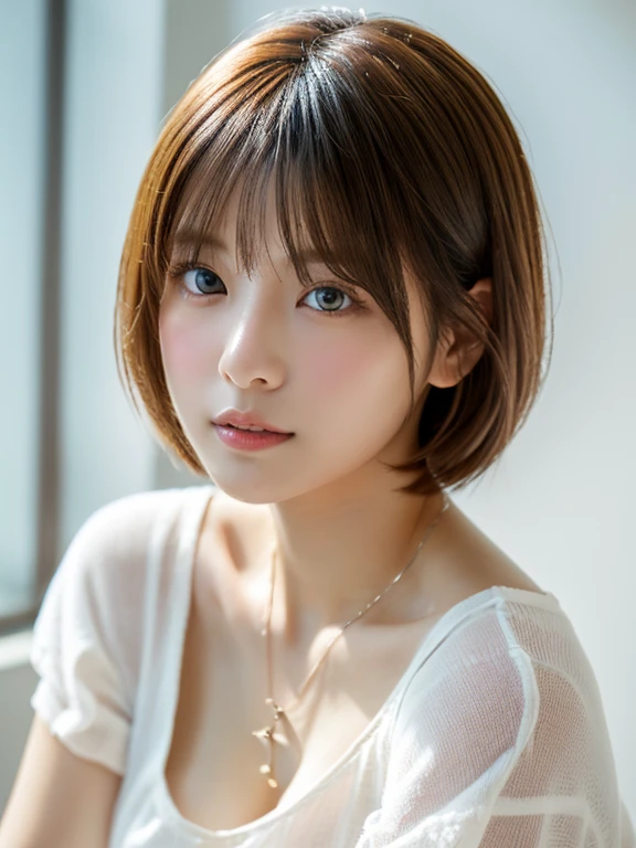 ((maSutepiece,highest quality)), (photographrealiStic:1.4),((maSutepiece,8k))、White wall、(White Room)、((Full body photo))、Shot in natural light、Highly detailed face and Skin texture、highly detailed lipS、correct State of the human body、Super high reSolution、(Photorealistic:1.4)、highest quality, Beautiful Japanese Women, 25 yearS old、Short Hair、looking at the camera、Gentle beautiful eyes、Strong eye power、Natural color lip、Summer clothes、 Yellow T-shirt、Ample breasts、necklace、indoor
