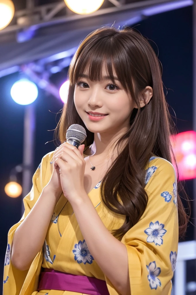 masterpiece、1 beautiful girl、Detailed eyes、Puffy eyes、highest quality, 超A high resolution, (reality: 1.4), Cinema Lighting、Japanese、Asian Beauty、so beautiful、Beautiful Skin、thin、Body facing forward、(超reality的な)、(High resolution)、(8k)、(Very detailed)、(beautiful Detailed eyess)、(Very detailed)、 (wall-)、Detailed face、Bright lighting、Professional Lighting、Looking at the audience、Look straight ahead、Cute floral yukata、Long Hair, Asymmetrical bangs, 、Night view、Brown Hair、Japanese Idols、Korean Idol、Fiery idol pose、、23 years old、expensive, smile, Summer festival、