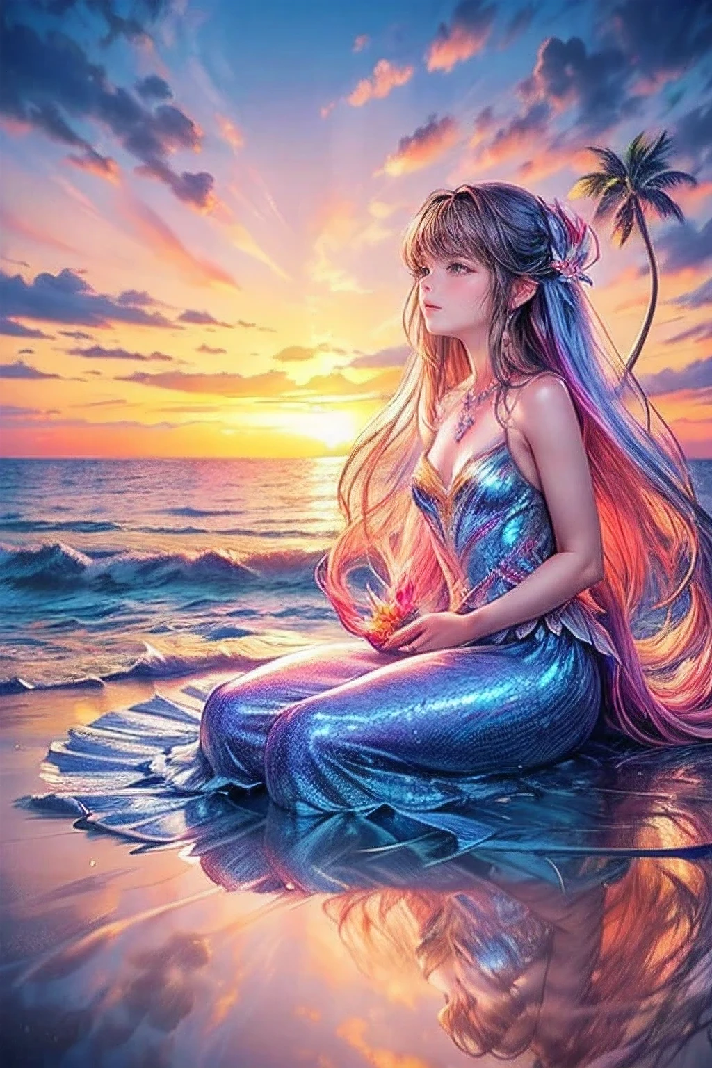 raw photo:1.2, masterpiece, highest quality, 16k, unbelievably absurd, very detailed, perfect beauty, (double exposure vibrant colors silhouette:1.3), (layered vibrant colors silhouette:1.2), (beautiful sunset sandy beach photo scenery), wave, flowers, flowing dress, flowy long hair, (ocean:1.2), (realistic photo scenery), (palm tree), (little mermaid sitting),