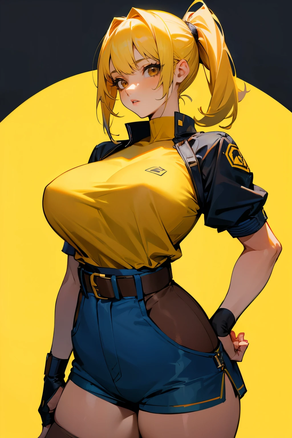 Girl, yellow hair, brown eyes, big breasts, dark blue belt, short shorts, 