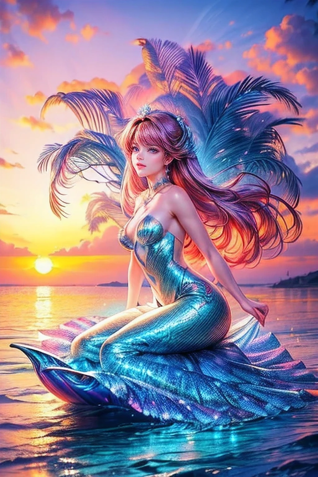 photo, stunner beauty, big boobs, winged mermaid, unified mermaid tail, sitting on a rock, rainbow colored wings, rainbow colored bra, rainbow colored tail