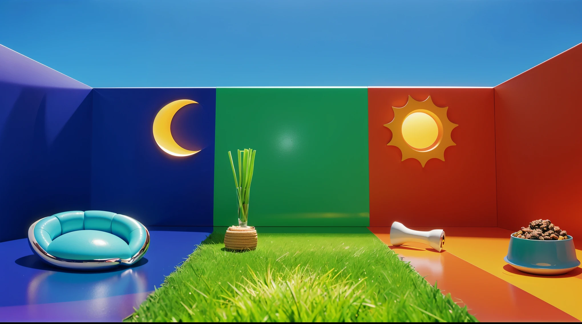An empty room with a wooden floor, colored walls (red, blue, and green) and a white ceiling. The walls meet at a corner, creating a rainbow color effect on the floor. glossy texture, smooth 3d model, multiple light sources, rim light, sharp post effects render, (glossy plastic texture with multiple big light probe refractions), perfect cgi, smooth silhouette, high intensity refraction, (super glossy material), most beautiful vfx, blue background, plastic refractions, realistic, 4k, high resolution, rim light, photo shoot, commercial photo, profile shot, 4k, rim light, high resolution, 4k, glossy texture, smooth 3d model, multiple light sources, rim light, sharp post effects render, (glossy metallic texture with multiple big light probe refractions), perfect cgi, cgi art created only with gradients, smooth silhouette, high intensity refraction, (super glossy chrome material), most beautiful vfx, blue background, chrome metal refractions, multiple light sources, rim light, sharp post effects render, perfect cgi, digital art, detailed digital art, reflective, bestPurple creature with black eyes and a smile and a pool in its mouth deep children's water pool filled with beautiful water with waves. A young girl sits on a pool float with an alien character in the background. The image depicts a close-up of a large, metallic spider-like robot with six legs and a body that resembles a combine
