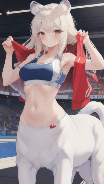 (best quality, masterpiece), 1 girl, centaur, It takes, sports bra, 아름다운 소녀 perfect white tiger photo, perfect white tiger photo