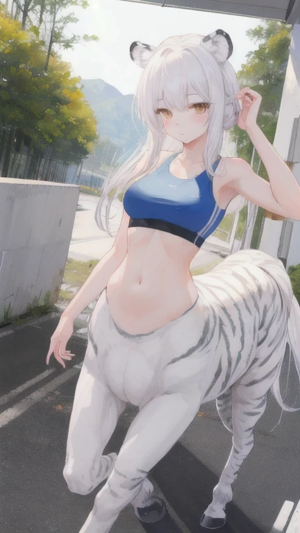 (best quality, masterpiece), 1 girl, centaur, It takes, sports bra, 아름다운 소녀 perfect white tiger photo, perfect white tiger photo