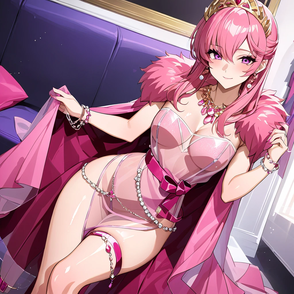 ((highest quality)), ((masterpiece)), (detailed), （Perfect Face）、The woman is Lacus Clyne and has long pink hair.、A gorgeous pink see-through dress with a long slit that lets you see right through to the skin, a see-through cape with fur, a necklace with jewels, a tiara, earrings, a head dress-up chain, a waist chain, bracelets, ankle bracelets, etc.々She wears lavish jewelry and shiny pink boots.