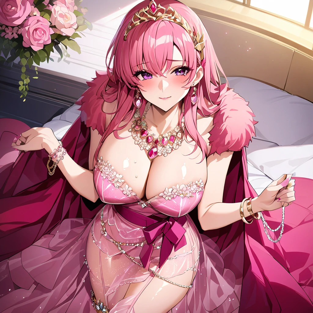 ((highest quality)), ((masterpiece)), (detailed), (Perfect Face)、The woman is Lacus Clyne and has long pink hair.、A gorgeous pink see-through dress with a long slit that lets you see right through to the skin, a see-through cape with fur, a necklace with jewels, a tiara, earrings, a head dress-up chain, a waist chain, bracelets, ankle bracelets, etc.々She wears lavish jewelry and shiny pink boots.