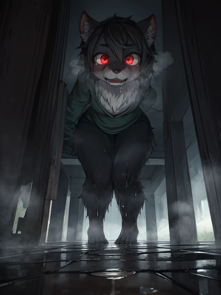 horror movie, Hallucination, First Person View, (small puddle:1.2) at feet, steam rising from the puddle