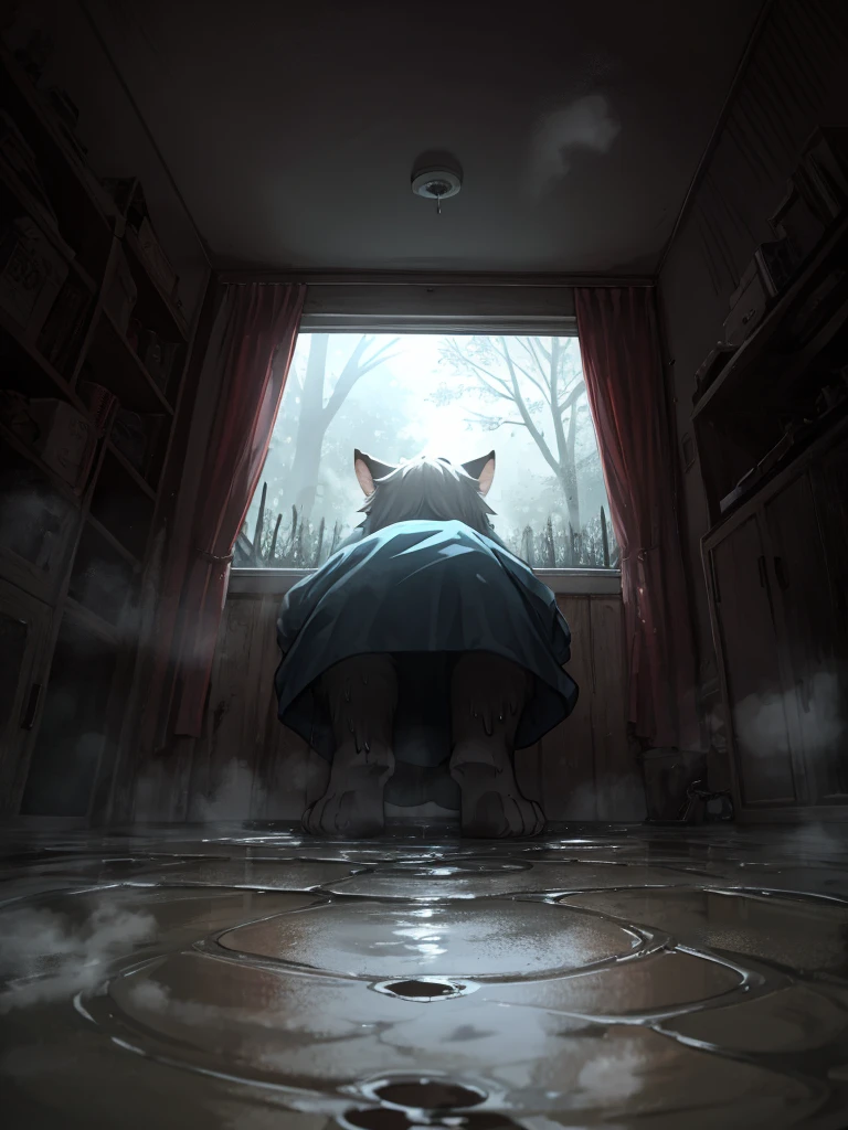 horror movie, Hallucination, First Person View, (small puddle:1.2) at feet, steam rising from the puddle