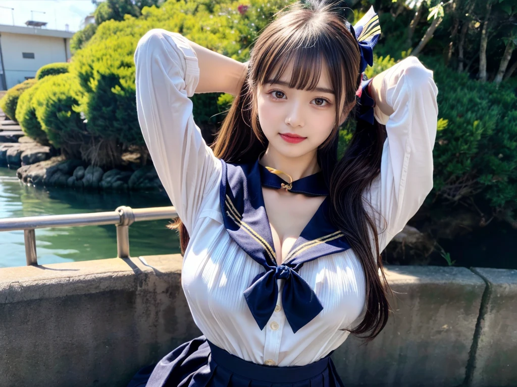 (((very heavy chest))),NSFW, 16k raw photos, highest quality, masterpiece, ultra high resolution, ((She is wearing Beautiful exposed redShe is wearing (a high school sailor uniform).
(navy sailor collar:1.4),(white shirt:1.4),(navy pleats skirt:1.4),(navy bow:1.4))).movie, ((2 girls, , 2 girls)),((attractive expression)),eyes shine、 looking at the viewer, natural skin texture very heavy chest))),((( metal black ribbon around the neck))).star handle mold、((yellow eyes)),Realistic eye and face details, lip whole, lipstick makeup), fluffy ponytail hair, laughter, Beautiful feet, tall woman, ((glowing skin)),((Beautiful armpit)), slim_feet, huge breasts, cleavage, beautiful natural places, beautiful flower garden、(detailed background,highly exposed, huge breasts, blurred background,, JK ribbon on the neck, jk ribbon, golden hair, bracelet, water, bangs, split your lips、armpit、beautiful hip line、glowing skin、(((eyes shine brightly))),lotion skin、High leg、((black hair)),highly exposed、Skimpy pink luxury fur coat、beautiful sea background、wind effect、