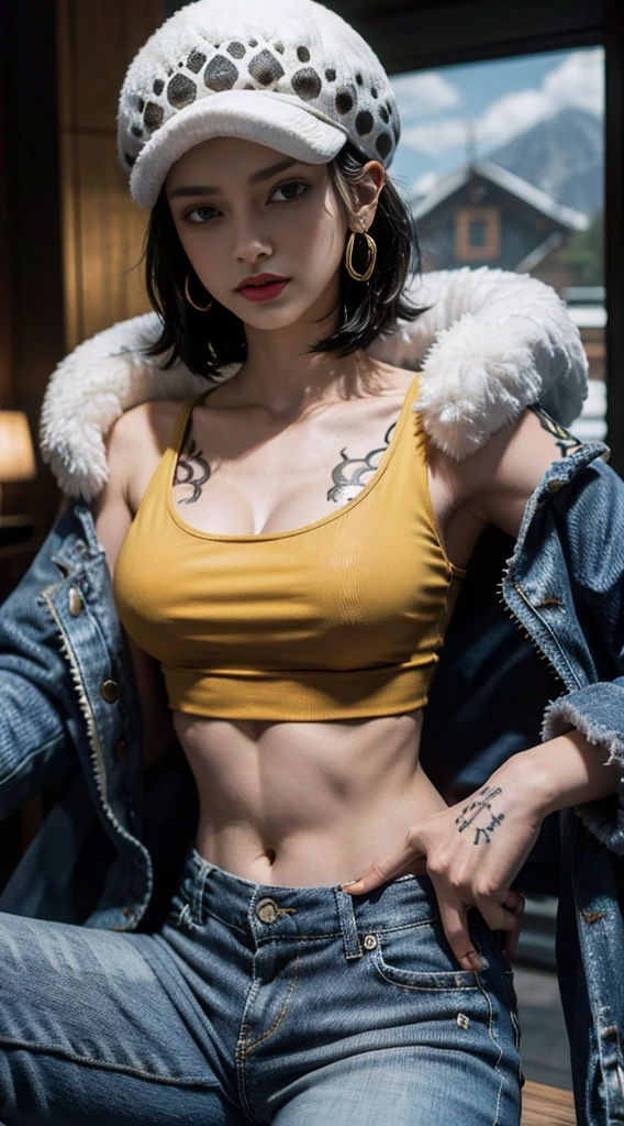 masterpiece, best quality, 8k,highestres, absurdres, extremely detailed, female trafalgar law, solo, looking at viewer, short hair, medium breasts, hat, navel, cleavage, collarbone, earrings, midriff, pants, coat, fur trim, denim, jeans, shoulder tattoo, black fur-trimmed coat, coat on shoulders, yellow tank top,