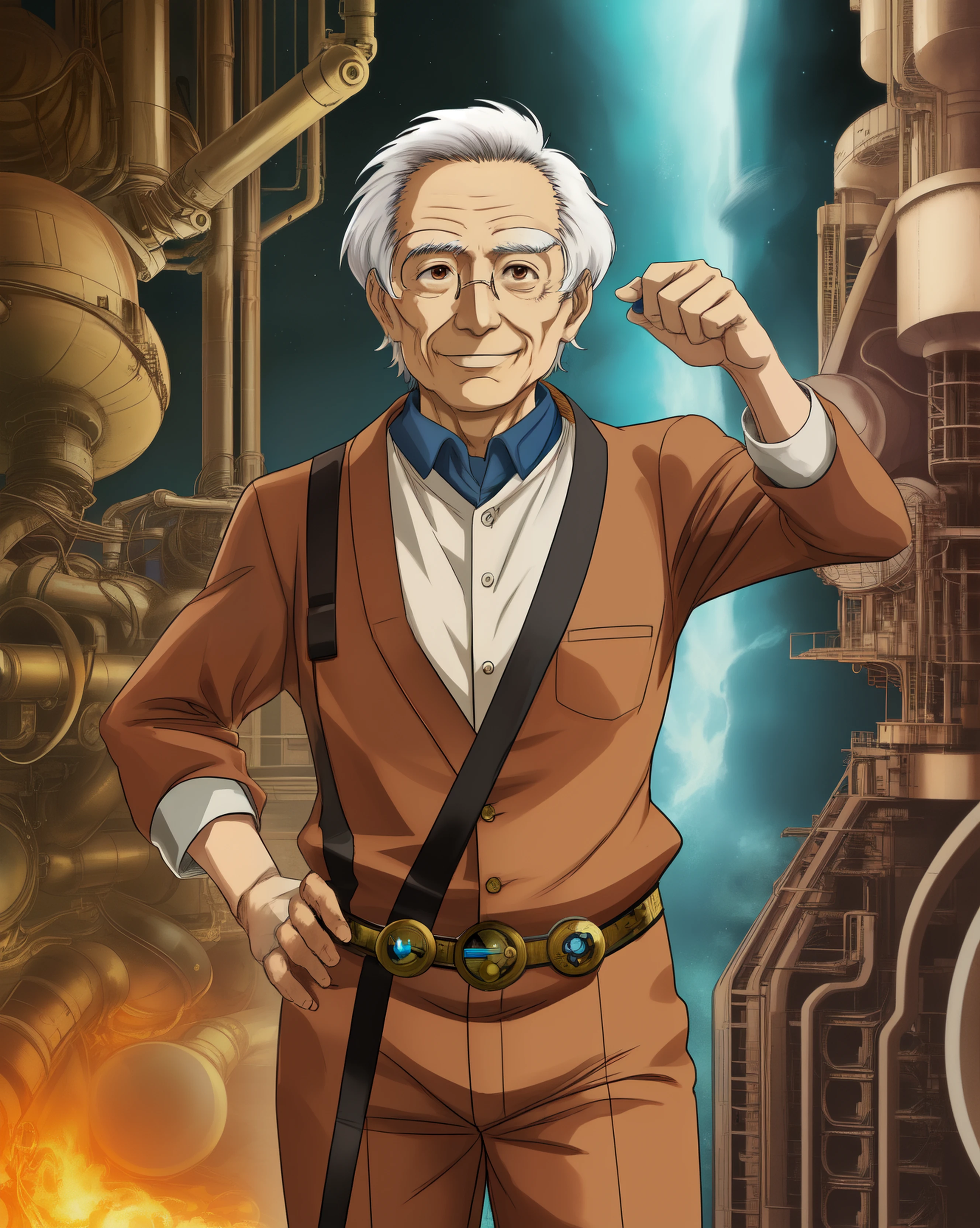 Anime style, old man, cosmobiologist engineer, creator of great inventions, scientist, tired eyes, weak smile, brown eyes, wrinkles