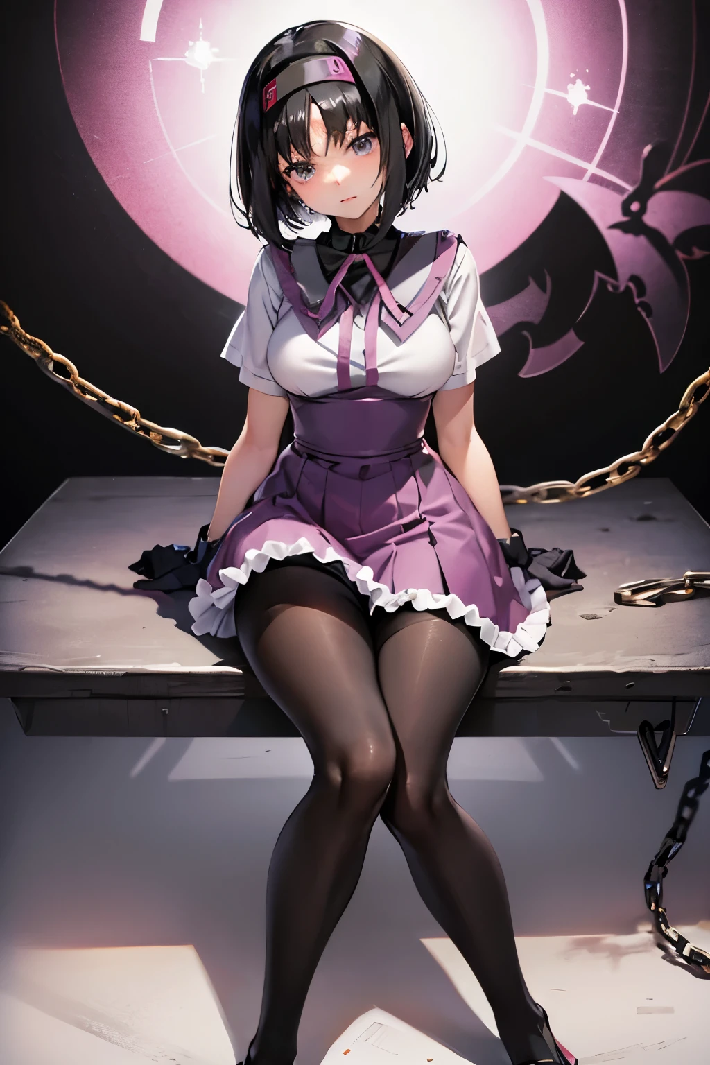 Erica、Pokémon、Black Hair、Short Hair、((Homura Akemi))、Large Breasts、Jail、One girl、((pantyhose))、(Long gloves)、(first round)、(Chained)、((Crucified on the examination table))、(Being restrained)、Leg spread