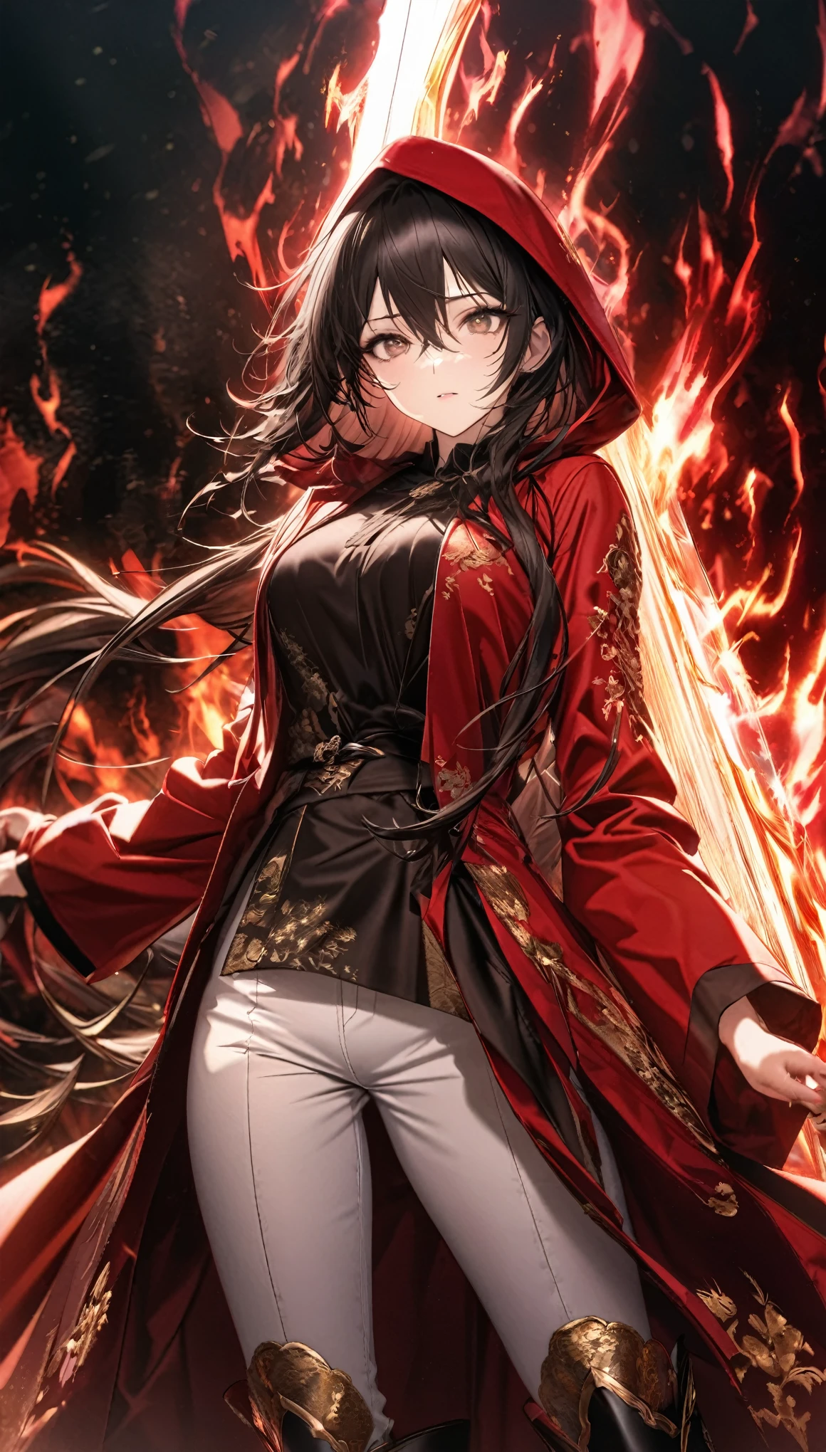 best quality, super fine, 16k, incredibly absurdres, extremely detailed, delicate and dynamic, cool beauty and cute female swordsman, big holy sword, red hooded long coat with gold embroidery, hood up, white pants, long boots, black messy hair and hair between eye, shining aura image effect