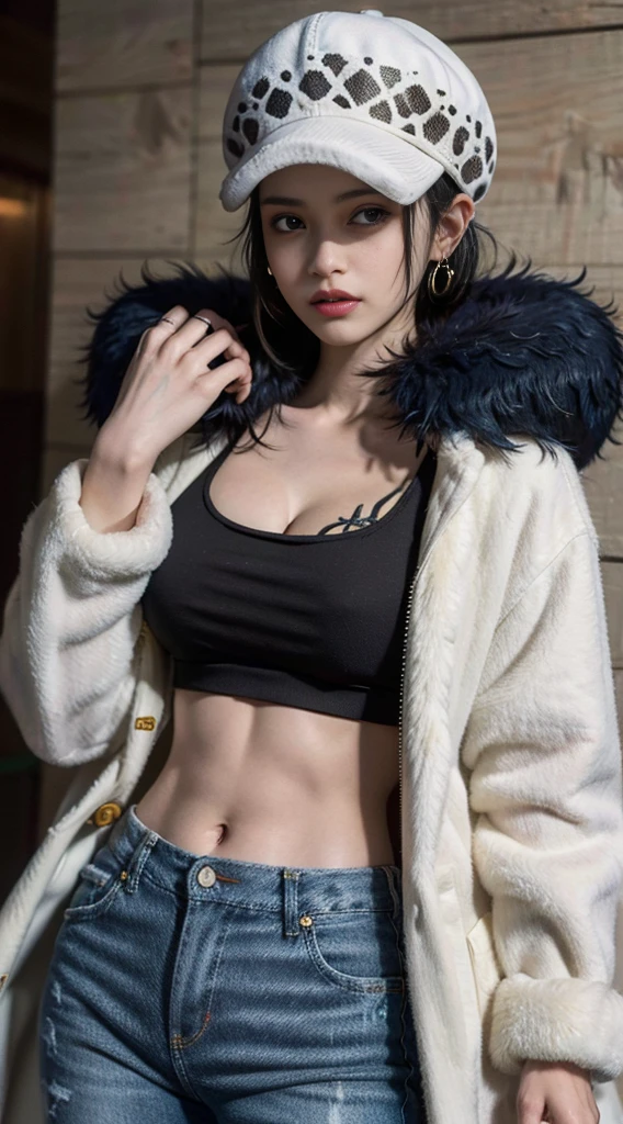 masterpiece, best quality, 8k,highestres, absurdres, extremely detailed, female trafalgar law, solo, looking at viewer, short hair, medium breasts, hat, navel, cleavage, collarbone, earrings, midriff, pants, coat, fur trim, denim, jeans, shoulder tattoo,   black fur-trimmed coat, coat on shoulders, yellow tank top,