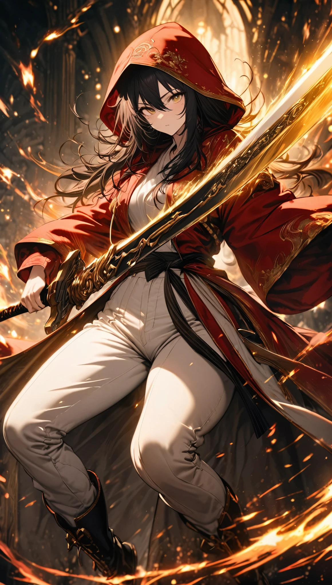 best quality, super fine, 16k, incredibly absurdres, extremely detailed, delicate and dynamic, cool beauty and cute female swordsman, big holy sword, red hooded long coat with gold embroidery, hood up, white pants, long boots, black messy hair and hair between eye, shining aura image effect