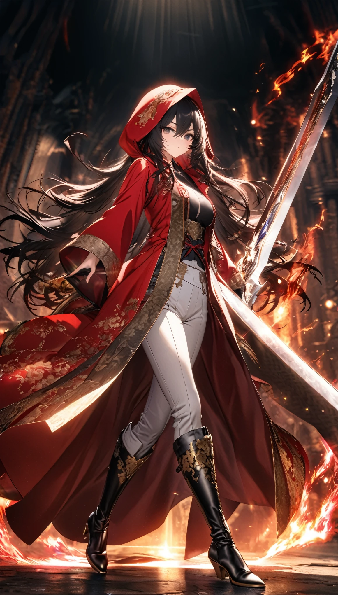 best quality, super fine, 16k, incredibly absurdres, extremely detailed, delicate and dynamic, cool beauty and cute female swordsman, big holy sword, red hooded long coat with gold embroidery, hood up, white pants, long boots, black messy hair and hair between eye, shining aura image effect