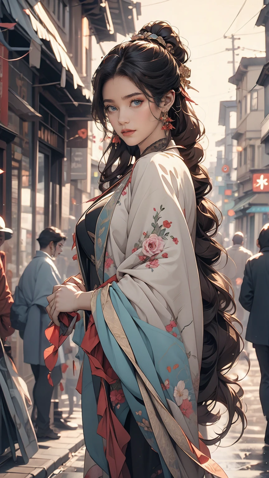 Young woman standing on the street, Blur the background, beautiful, Realistic