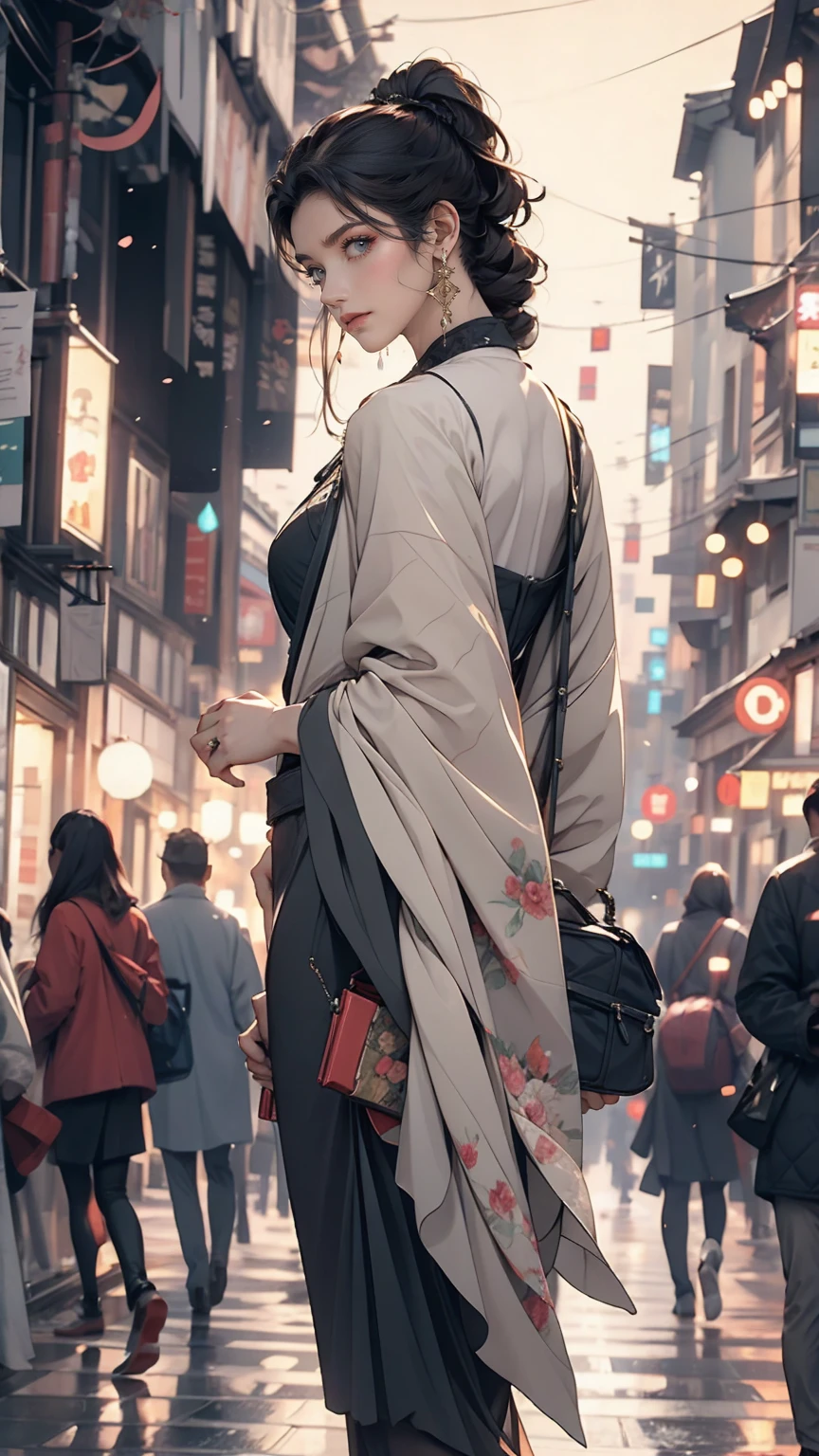 Young woman standing on the street, Blur the background, beautiful, Realistic