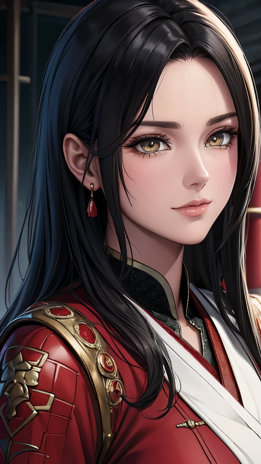 A woman with long black hair and a red jacket - SeaArt AI