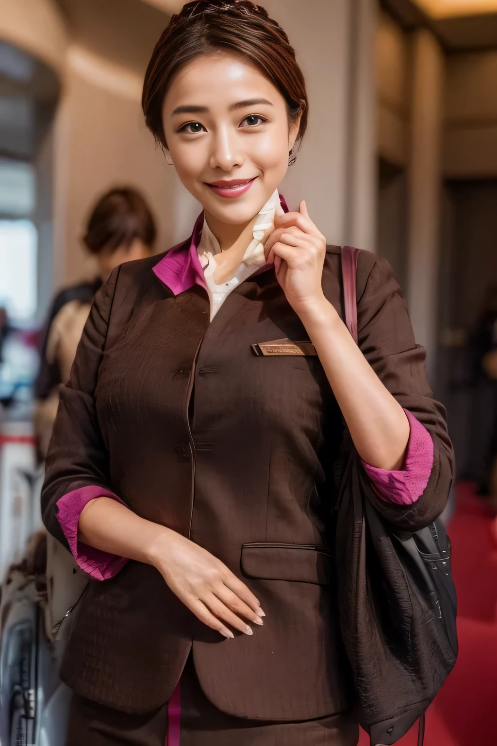 (masterpiece:1.2、highest quality:1.2)、32K HDR、High resolution、(alone、1 girl、Slim figure)、（A realistic reproduction of the ETIHAD Airways Cabincrew Uniform）、 (At the airport lounge, Professional Lighting)、Airport Lounge Background、A proper woman, Beautiful Face,、（Long sleeve ETIHAD Airways Cabincrew Uniform）、（ETIHAD Airways Cabincrew Uniform skirt with purple stripe on the front）、（scarf on chest）、Big Breasts、（Chignon、Long hair updo、Hair Bun）、Dark brown hair、Long Shot、（（Great hands：2.0））、（（Harmonious body proportions：1.5））、（（Normal limbs：2.0））、（（Normal finger：2.0））、（（Delicate eyes：2.0））、（（Normal eyes：2.0））)、Beautiful standing posture、smile、Place your hands around your stomach