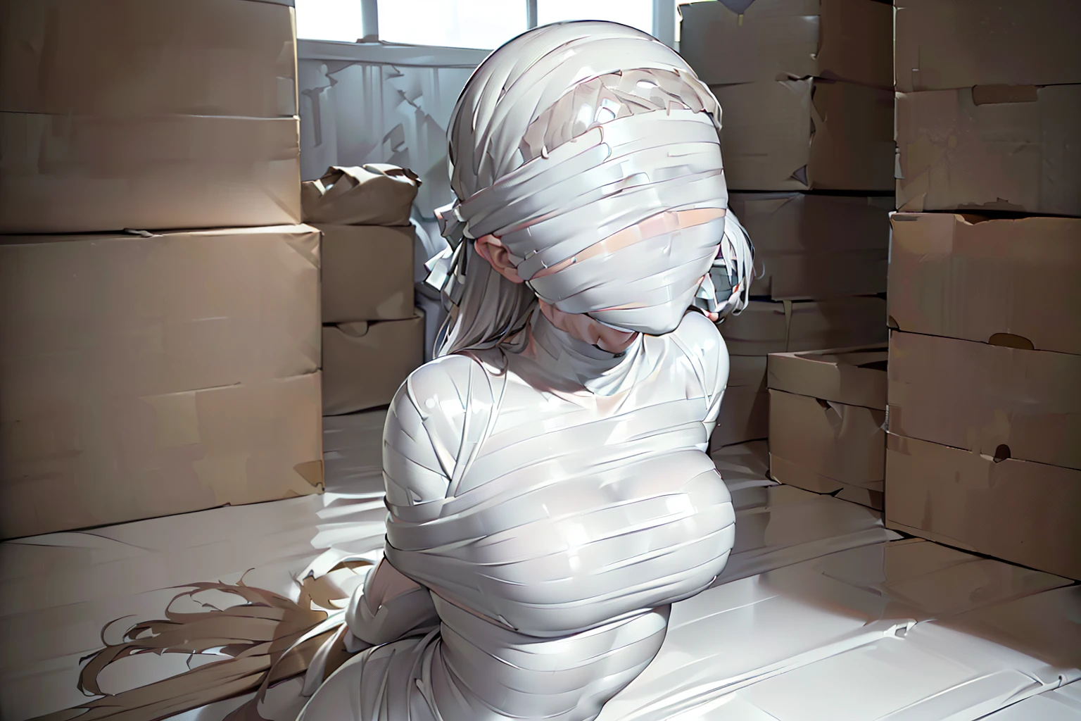 mummification, blindfold, tape gagged, (1 girl:1.4), ((Imprisoned in a warehouse)), (Highly detailed CG Unity 8k), (highest quality), (Very detailed), (Ultra-high resolution), ((Hands tied behind back)), ((Wrap the heads around with white duct tape:1.4)), (((Wrap the eyes around with white duct tape:1.5))), ((Wrap the mouth around with white duct tape:1.4)), ((blindfold around with white duct tape:1.4)), ((Wrap the face around with white duct tape:1.4)), ((From head to toe, wrap them in white duct tape to make a mummification:1.5)),