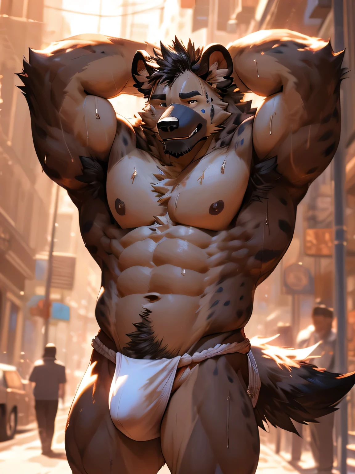 male hyena. full body, (full nude, only see through fundoshi,) big bulge, sweating, realistic, smile, city street, hands behind head, covered huge semen, ahegao,