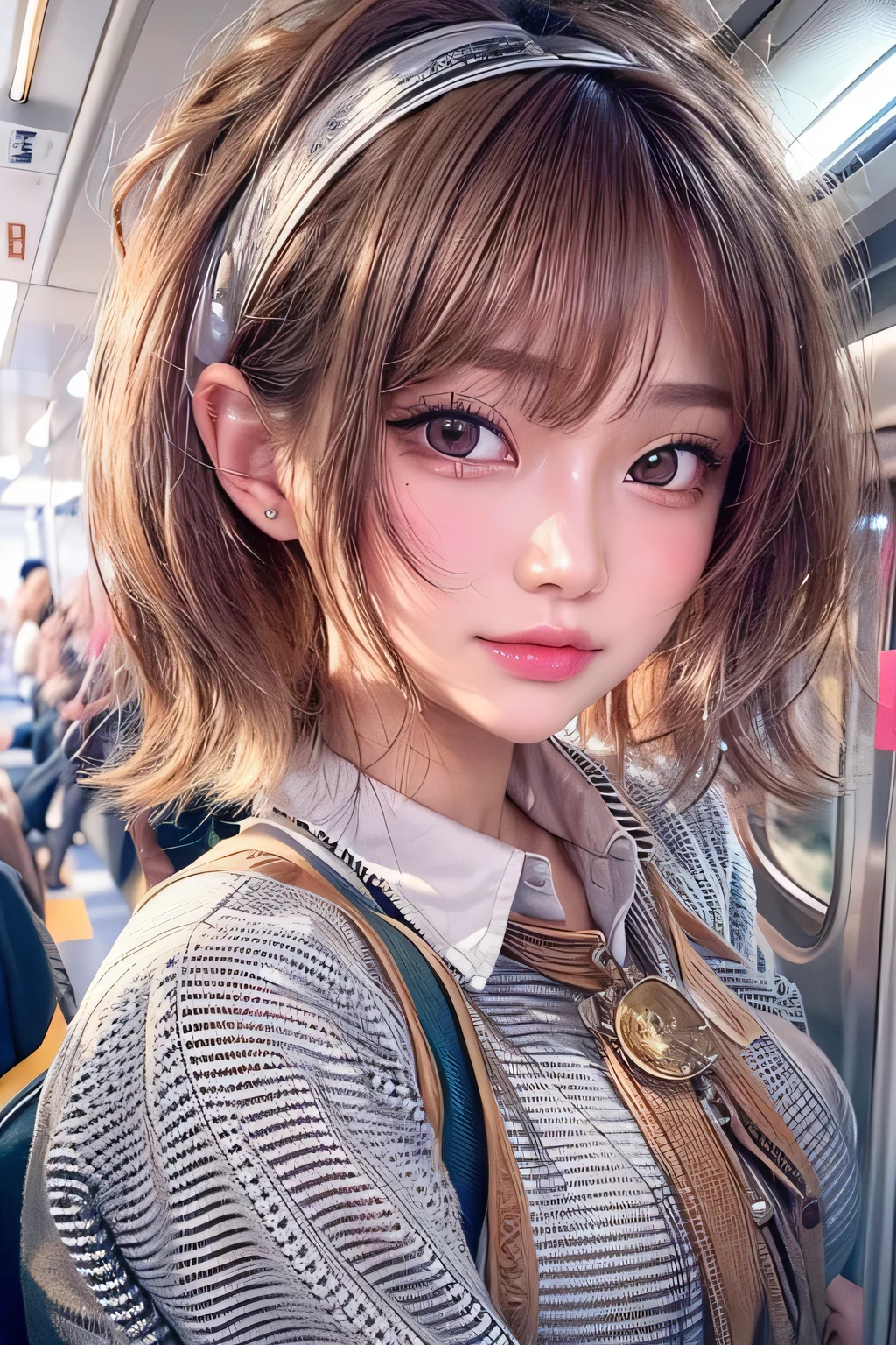 masterpiece, 1 Beautiful girl, Fine grain, highest quality, Ultra High resolution, (reality: 1.4), Cinema Lighting, Beautiful Skin, (Ultra-realistic), (High resolution), (8k), (Very detailed), ( Best illustrations), Pouting slightly,  (Crystal colorful lights), Extremely refined and beautiful, beautiful detailed eyes, Round eyes, detailed facial features, (Round pupils:1.4), (alluring face), Smiling lips, (Medium breasts:1.3), A shallow smile, Open lips, (Beautiful and detailed face, Beautiful and delicate eyes), pink cheek, mascara, brown hair, short hair, (Riding the commuter train:1.3), wearing a shirt, off shoulder,  Exposed thighs, hang on to the strap, There are office workers around,