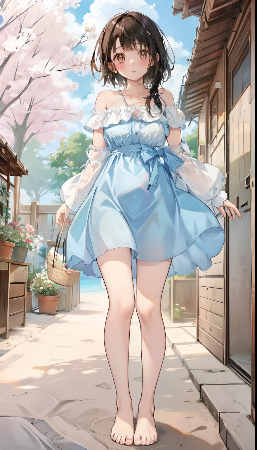 One Girl、positive、Standing posture、Full body portrait、Black Hair、Medium Haircut、blush、Absolute area、No panties、No bra、barefoot、Light blue dress、Off-the-shoulder dress、（Very large breasts）、Cleavage、((Lesbians around the world))、masterpiece、（highest quality）、barefoot、White Sandals 、Shirt buttons fly off、Unbutton your shirt、Exposing the breasts、From below、garden、Outdoor