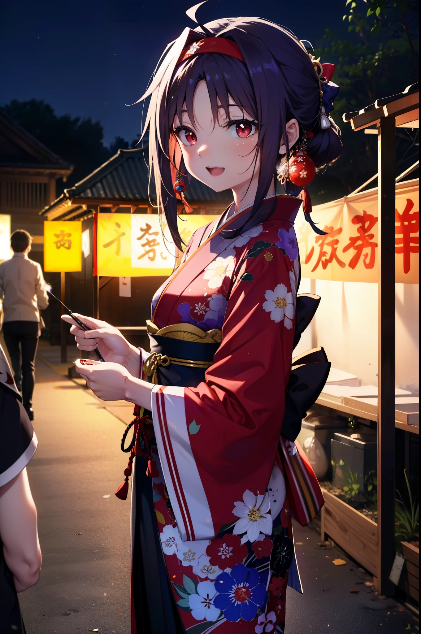 yuukikonno, Konno Yuuki, hair band, Long Hair, Pointed Ears, Purple Hair, (Red eyes:1.5), (Small breasts:1.2), Open your mouth,Open your mouth,Long Hair,happy smile, smile, Open your mouth,Purple Kimono,Long sleeve,Sandals,night空の花火,Fireworks display,Japanese Festivals,Summer festival food stalls,Red Lantern, night,whole bodyがイラストに入るように,Looking down from above,
break outdoors, shrine,                                              break looking at viewer,whole body,(Cowboy Shot:1. 5)
break (masterpiece:1.2), highest quality, High resolution, unity 8k wallpaper, (shape:0.8), (Beautiful and beautiful eyes:1.6), Highly detailed face, Perfect lighting, Highly detailed CG, (Perfect hands, Perfect Anatomy),