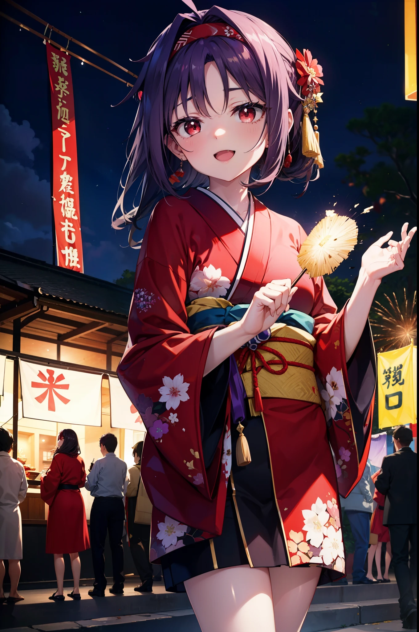 yuukikonno, Konno Yuuki, hair band, Long Hair, Pointed Ears, Purple Hair, (Red eyes:1.5), (Small breasts:1.2), Open your mouth,Open your mouth,Long Hair,happy smile, smile, Open your mouth,Purple Kimono,Long sleeve,Sandals,night空の花火,Fireworks display,Japanese Festivals,Summer festival food stalls,Red Lantern, night,whole bodyがイラストに入るように,Looking down from above,
break outdoors, shrine,                                              break looking at viewer,whole body,(Cowboy Shot:1. 5)
break (masterpiece:1.2), highest quality, High resolution, unity 8k wallpaper, (shape:0.8), (Beautiful and beautiful eyes:1.6), Highly detailed face, Perfect lighting, Highly detailed CG, (Perfect hands, Perfect ???????),
