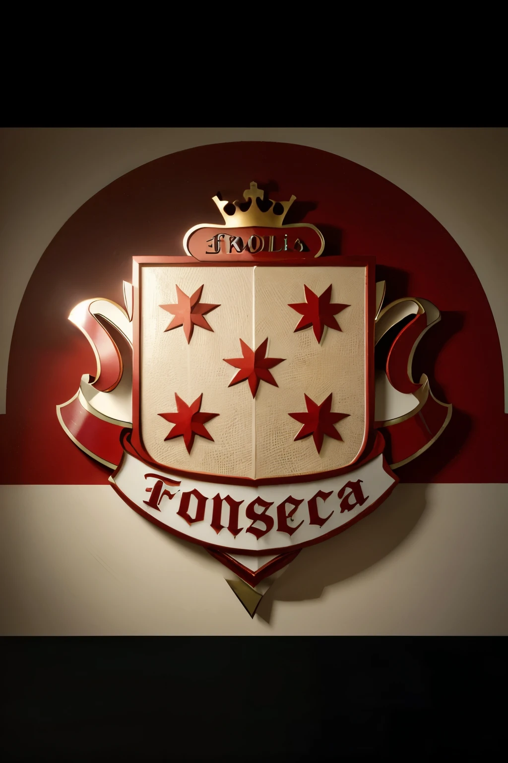 "Please edit the image of the Fonseca family crest for a design to be used for a pizzeria and esfiha restaurant. Make the following changes:
1. Add more depth to the shield and the crown, using shadows and highlights to give a 3D appearance.
2. Change the color of the ribbon to white and make the 'Fonseca' text more legible, using a clear and sharp font.
3. Add below the ribbon, in an eye-catching but readable font, the words 'Pizzeria & Esfirra'.
Maintain the essence of the original crest but adapt it for a modern and attractive look for a restaurant."