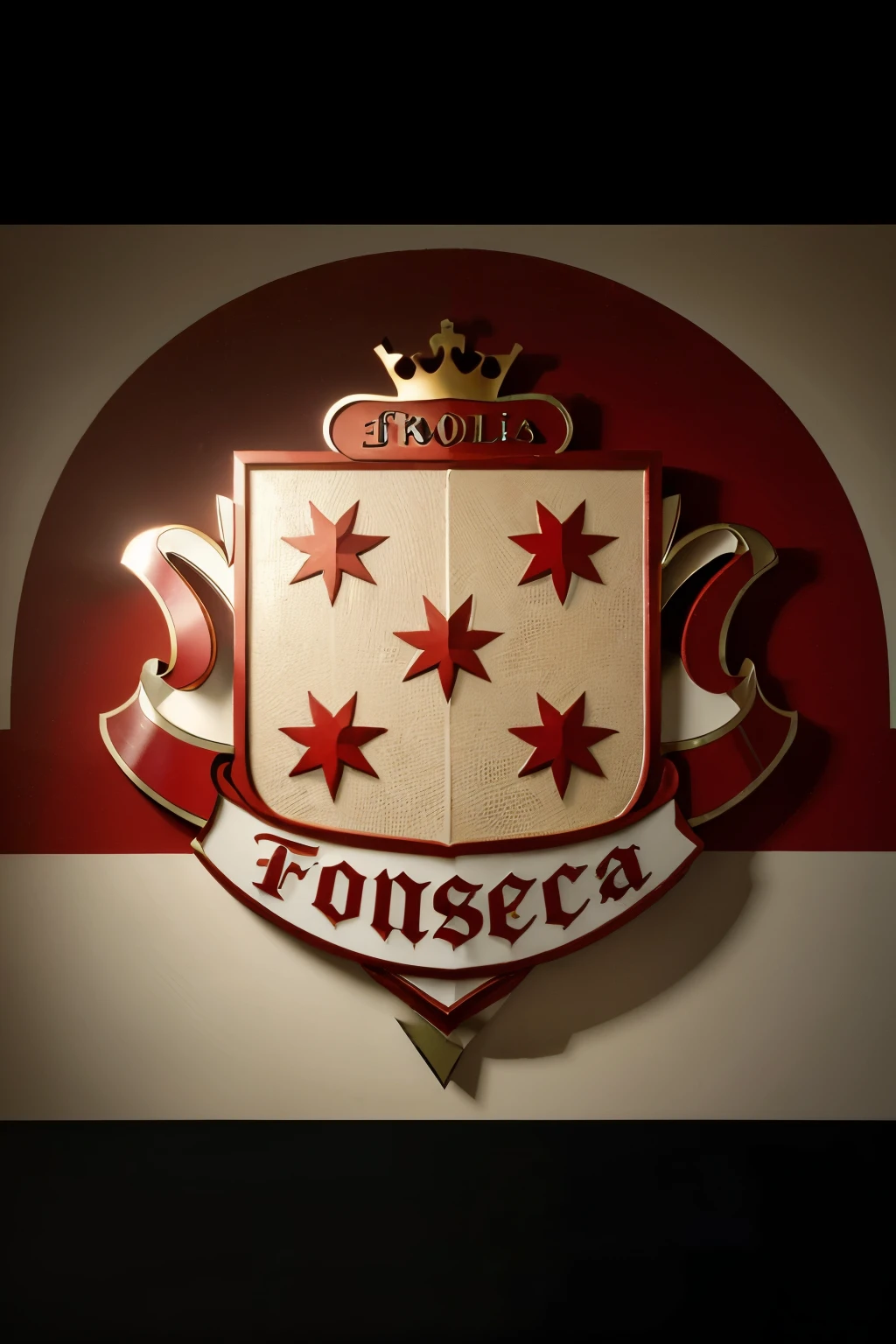 
"Please edit the image of the Fonseca family crest for a design to be used for a pizzeria and esfiha restaurant. Make the following changes:

1. Add more depth to the shield and the crown, using shadows and highlights to give a 3D appearance.
2. Change the color of the ribbon to white and make the 'Fonseca' text more legible, using a clear and sharp font.
3. Add below the ribbon, in an eye-catching but readable font, the words 'Pizzeria & Esfirra'.

Maintain the essence of the original crest but adapt it for a modern and attractive look for a restaurant."