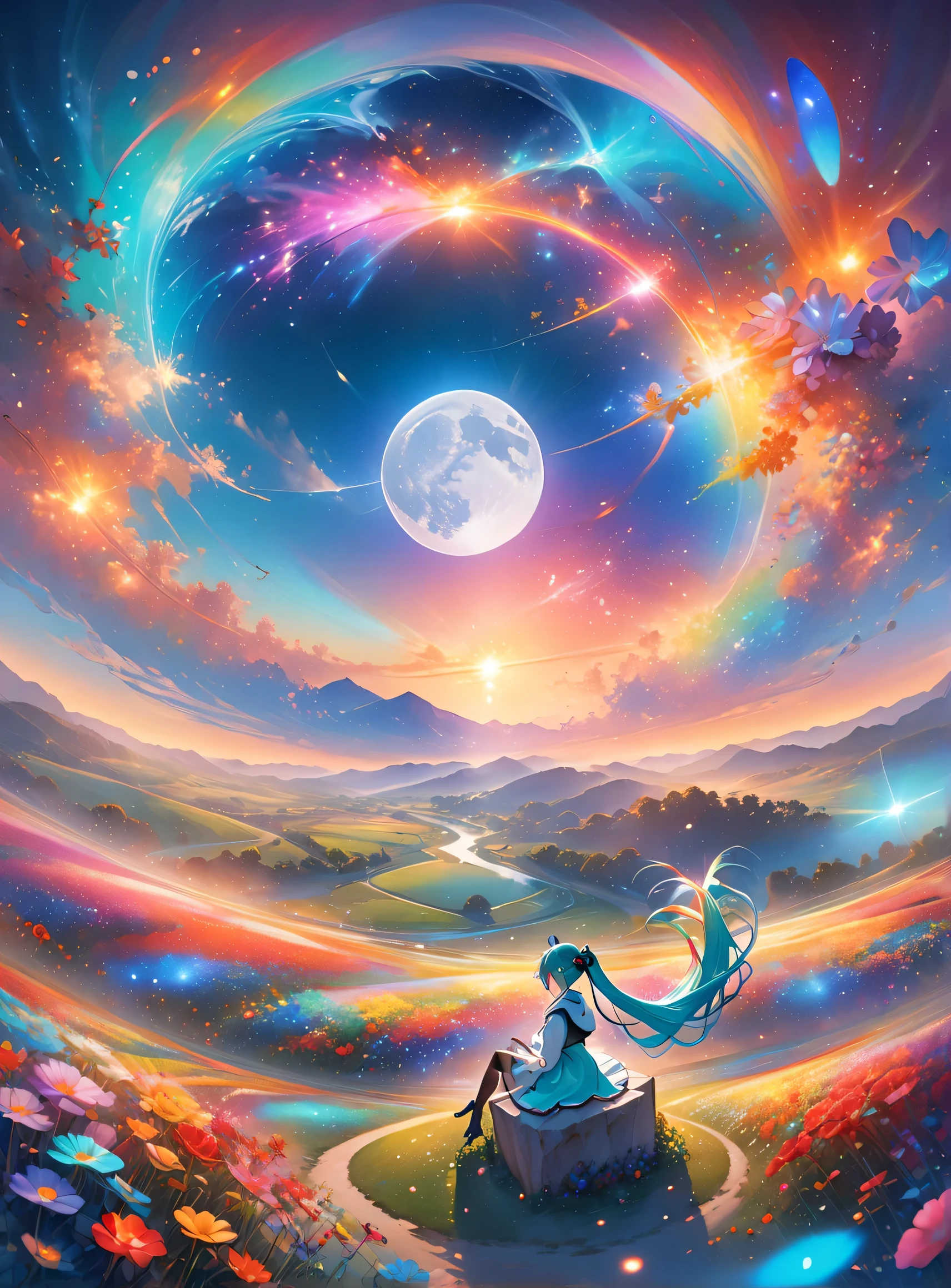 A flock of dolphin-shaped cloudorning、Show Viewer, Focus Only, Dynamic Angle, Ultra-fine, Depth of written boundary, Wide-angle lens, A wide range of landscape photography ,( The lower field seen from above), Man sitting in a flower field, (full moon), (meteor), (nebula), Making Art, (Warm light source), (fire Fly), lamp, Intricate details, Volumetric lighting , (highest quality), Very detailed, (Dynamic configuration), Very detailed, Rich and colorful details,( Rainbow-colored), (Bright lighting, Atmospheric lighting), dream-like, magic, Lens flare, (Rich and colorful), lamp light, High resolution, Clear focus, Smooth, Rich and colorful light, particle, Galaxy color scheme、(((Hatsune Miku)))