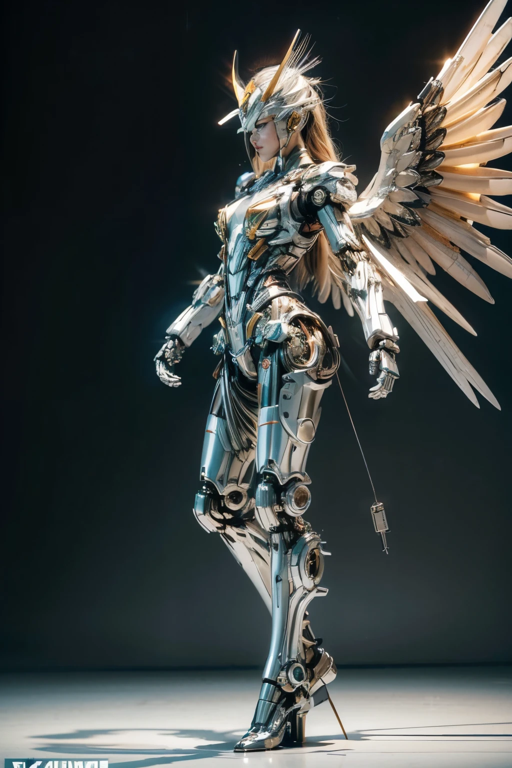 masterpiece, best quality, movie,official art, promotional art, movie wallpaper, extremely detailed CG unity 4k wallpaper, intricate details, white background, full body, concept art, production art, (Mechanical components:1.5),(mechanical prosthesis:1.5), mechanical wings, wings, highres, (realistic, photo-realistic:1.2), physically-based rendering, machinery, reflection, realistic, cyberpunk, symmetric front view close up head shot eyes symmetry face very sharp focus realistic award winning matte drawing cinematic lighting
1girl, robot, (illustration:1.1), slim,
fair skin,delicate face, tights,shine, Bodysuit, (blond long hair),green eyes, laboratory,
chip, shine,braid