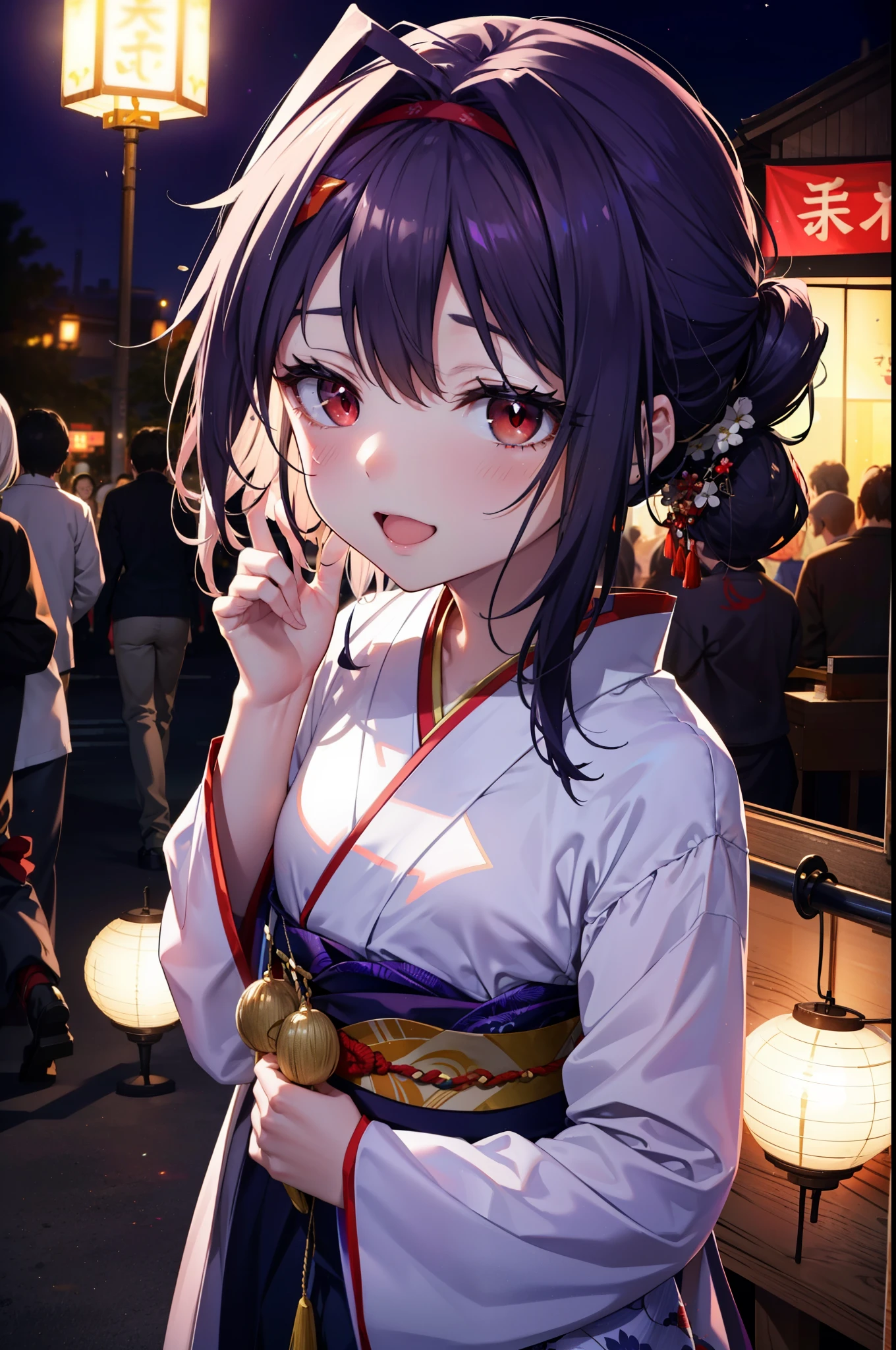 yuukikonno, Konno Yuuki, hair band, Long Hair, Pointed Ears, Purple Hair, (Red eyes:1.5), (Small breasts:1.2), Open your mouth,Open your mouth,Long Hair,happy smile, smile, Open your mouth,Purple Kimono,Long sleeve,Sandals,night空の花火,Fireworks display,Japanese Festivals,Summer festival food stalls,Red Lantern, night,whole bodyがイラストに入るように,Looking down from above,
break outdoors, shrine, break looking at viewer,whole body,(Cowboy Shot:1. 5)
break (masterpiece:1.2), highest quality, High resolution, unity 8k wallpaper, (shape:0.8), (Beautiful and beautiful eyes:1.6), Highly detailed face, Perfect lighting, Highly detailed CG, (Perfect hands, Perfect Anatomy),