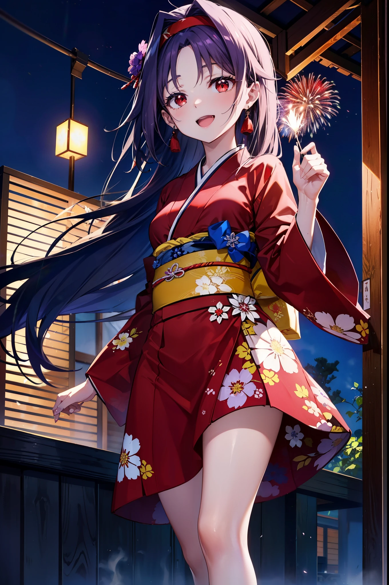 yuukikonno, Konno Yuuki, hair band, Long Hair, Pointed Ears, Purple Hair, (Red eyes:1.5), (Small breasts:1.2), Open your mouth,Open your mouth,Long Hair,happy smile, smile, Open your mouth,Purple Kimono,Long sleeve,Sandals,night空の花火,Fireworks display,Japanese Festivals,Summer festival food stalls,Red Lantern, night,whole bodyがイラストに入るように,Looking down from above,
break outdoors, shrine, break looking at viewer,whole body,(Cowboy Shot:1. 5)
break (masterpiece:1.2), highest quality, High resolution, unity 8k wallpaper, (shape:0.8), (Beautiful and beautiful eyes:1.6), Highly detailed face, Perfect lighting, Highly detailed CG, (Perfect hands, Perfect Anatomy),