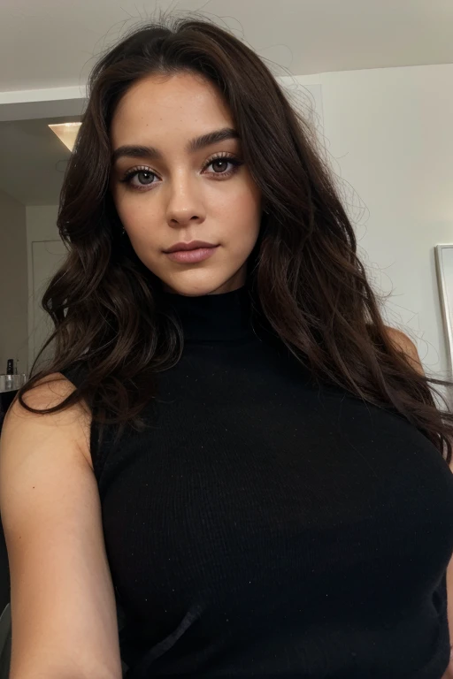 femme de 29 ans, long brown slightly curly hair, yeux bleus, visage parfait, professional makeup like model, C et portant un haut noir hispanic