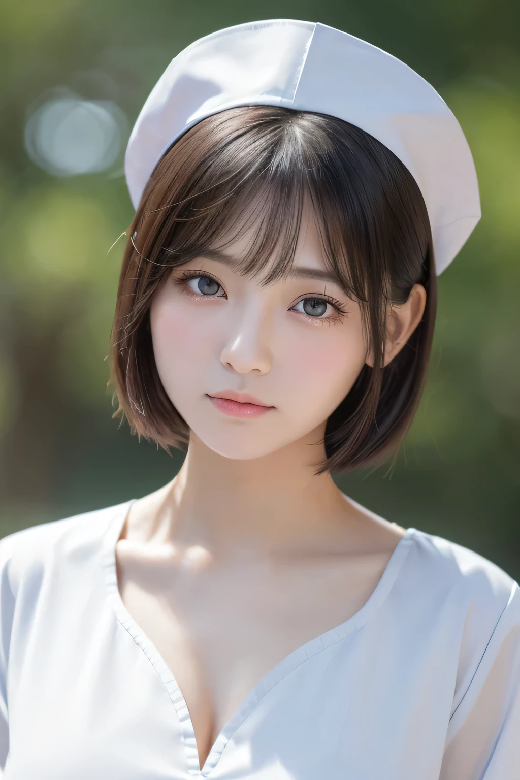 (1 Girl)、(Beautiful Japanese、18years old,round face、Refreshing、clear、seems kind、stylish、Pitiful、cute like an angel、cute、black eyes、,actress,Almond-shaped eyes,Translucent white skin、Beautiful skin), Good style , (((Beautiful big breasts:1.2))),(((soft breasts))),(very cute),(Black hair),(short bob hair),(enchanting eyes),(highlight on eyes:1.2)、(8K、Live shooting、highest quality、masterpiece:1.2、optimal lighting)、((masterpiece)),(Photo taken by a professional photographer),(real、photo real:1.4),break,{ (White nurse costume),(((taraditional nurse uniform)))、（Fit）},(tears:1.4))(cheeks are red:1.2), break, break,Old abandoned hospital,Face shot:1.3、looking at viewer, face close-up,Looking up、Cleavage:1.２、Her face is red and she looks embarrassed.、(((Looking back))),Weak face,From below,(((dynamic angle)))、Hand on cheek