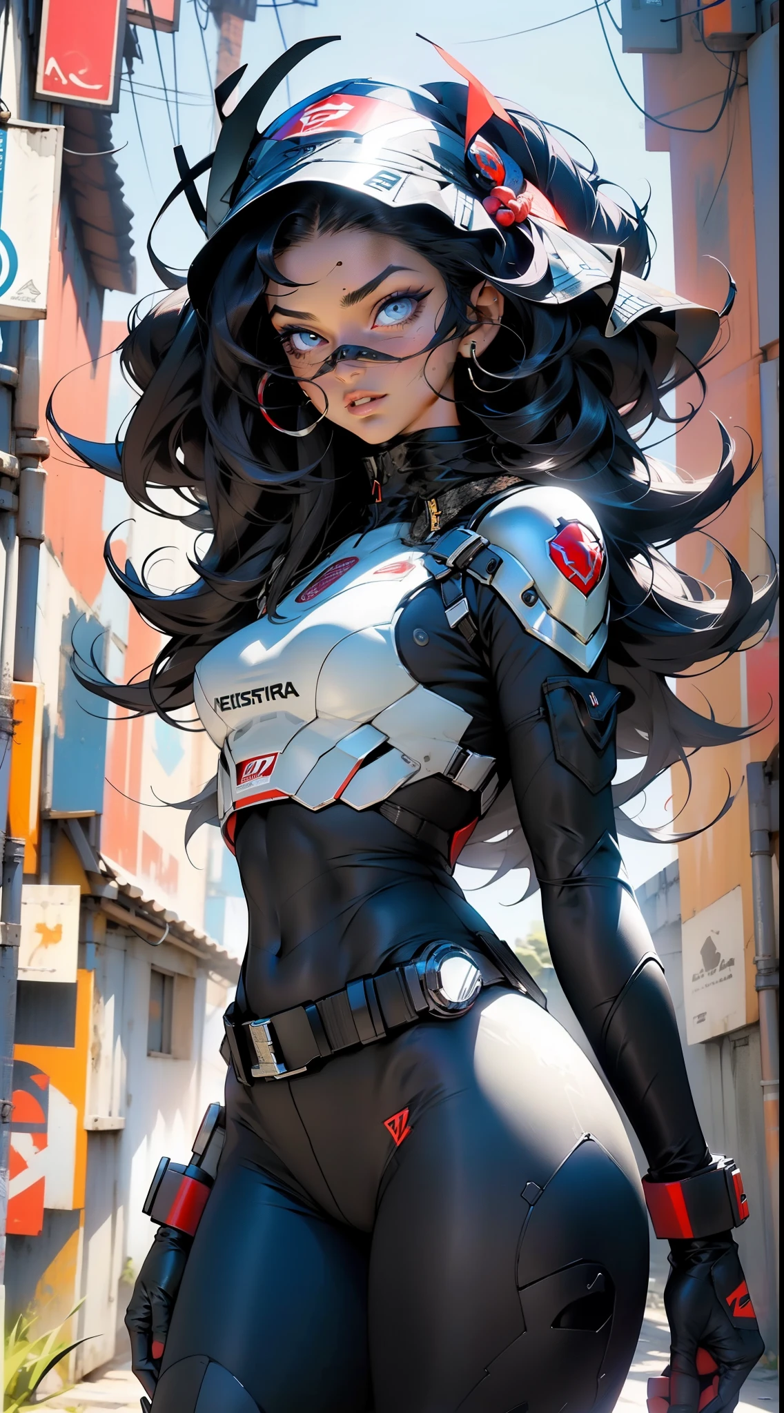 A poderosa Deusa, armadura negra, olhos vermelhos, sensual, asas enormes, beautiful face, boca carnuda, uma bunda enorme, faced with the destruction of a city.