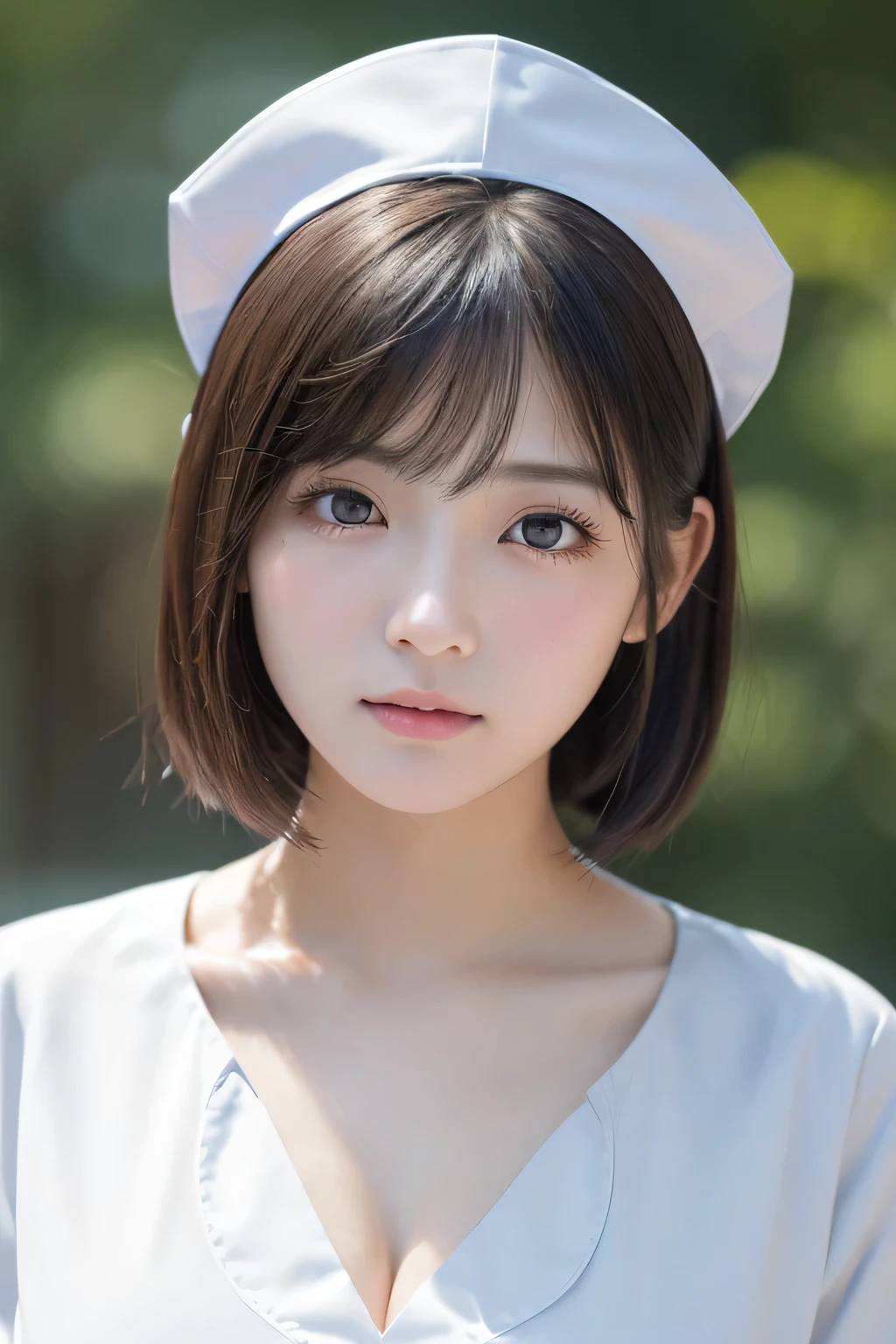 (1 Girl)、(Beautiful Japanese、18years old,round face、Refreshing、clear、seems kind、stylish、Pitiful、cute like an angel、cute、black eyes、,actress,Almond-shaped eyes,Translucent white skin、Beautiful skin), Good style , (((Beautiful big breasts:1.2))),(((soft breasts))),(very cute),(Black hair),(short bob hair),(enchanting eyes),(highlight on eyes:1.2)、(8K、Live shooting、highest quality、masterpiece:1.2、optimal lighting)、((masterpiece)),(Photo taken by a professional photographer),(real、photo real:1.4),break,{ (White nurse costume),(((taraditional nurse uniform)))、(Fit)},(tears:1.4))(cheeks are red:1.2), break, break,Old abandoned hospital,Face shot:1.3、looking at viewer, face close-up,Looking up、Cleavage:1.2、A face so sad it brings tears to my eyes、(((Looking back))),Weak face,From below,(((dynamic angle)))、Hand on cheek、I'm a little angry