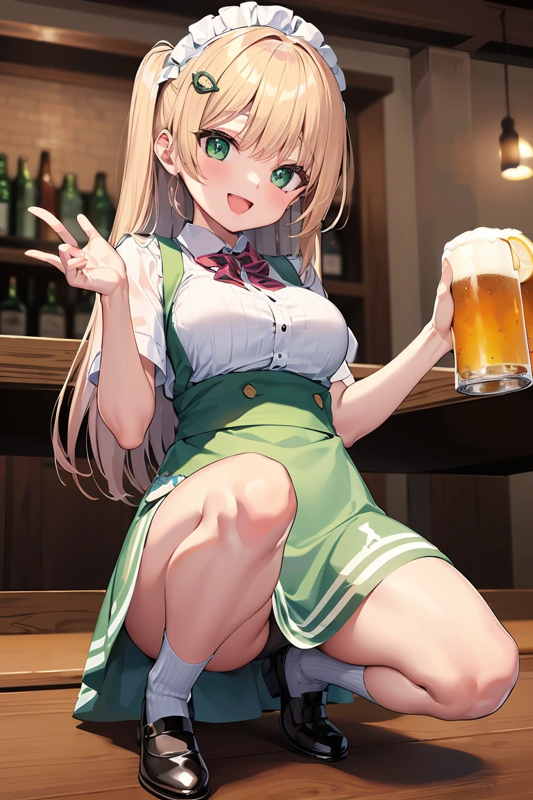 ((masterpiece, best quality, absurdres, highres, ultra detailed, high resolution, very fine 8KCG wallpapers)), 1 girl, solo, long hair, blonde hair, green eyes, swept bangs, hair ornament, smile, :D, large breasts, half apron, hairpin, white shirt, green skirt, brown shoes, beer hall waitress, beer hall, nice hands, perfect hands,