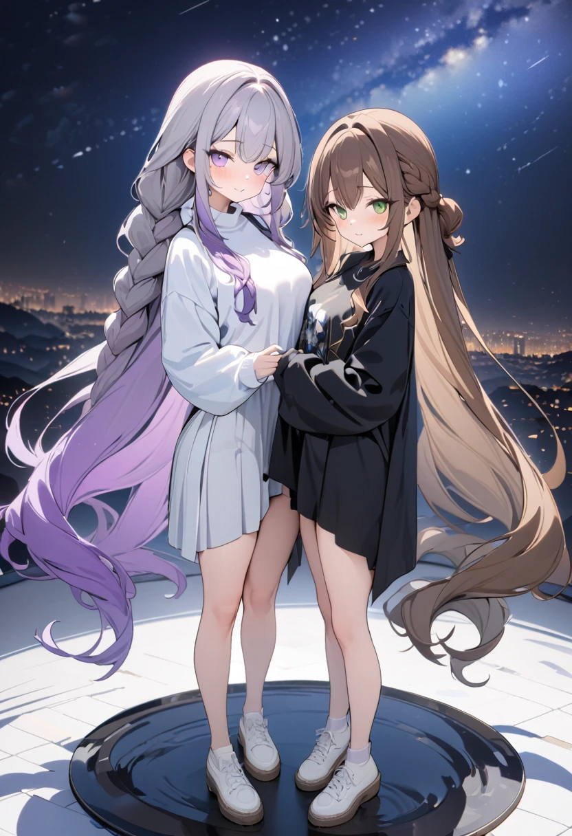 (Best quality, 8k, 32k, masterpiece, UHD: 1.5) Cryptic_Girl, two girls shumping, one girl with purple_hair, purple_eyes, very_long_hair, gray_hair, braided_ponytail, gradient hair, a second girl with brown hair, green eyes, long loose hair, full body, starry night background